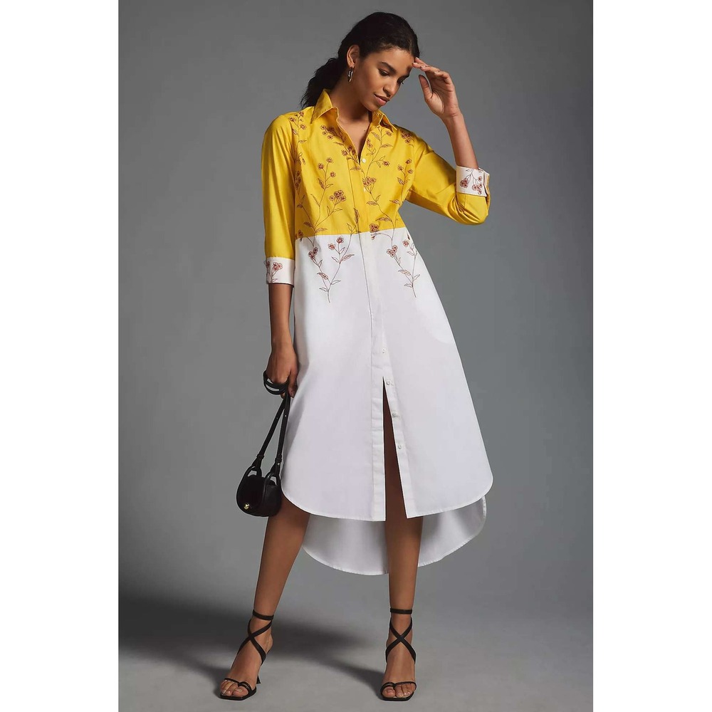 Samant Chauhan Anthropologie‎ Embroidered Colorblock Shirt Dress Yellow White- L